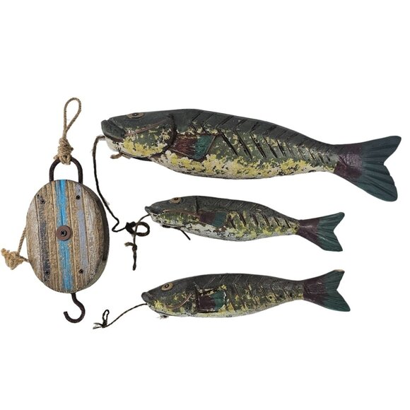 Handcrafted Wooden Catfish String Wall Hanging Decor Carved Folk Art - Picture 1 of 12